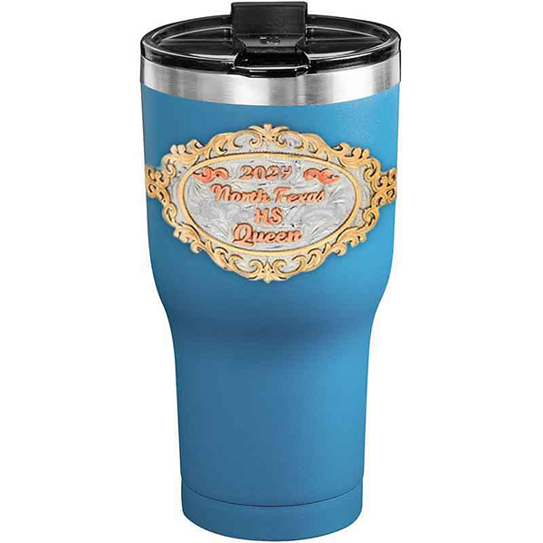 A customized tumbler made of stainless steel with a personalized engraved initials and North Texas High School Queen lettering, 30 oz, ideal for coffee or cool drinks